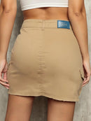 Saia jeans Cargo Feminina Bege Com Bolsos - Tartaruga Shop